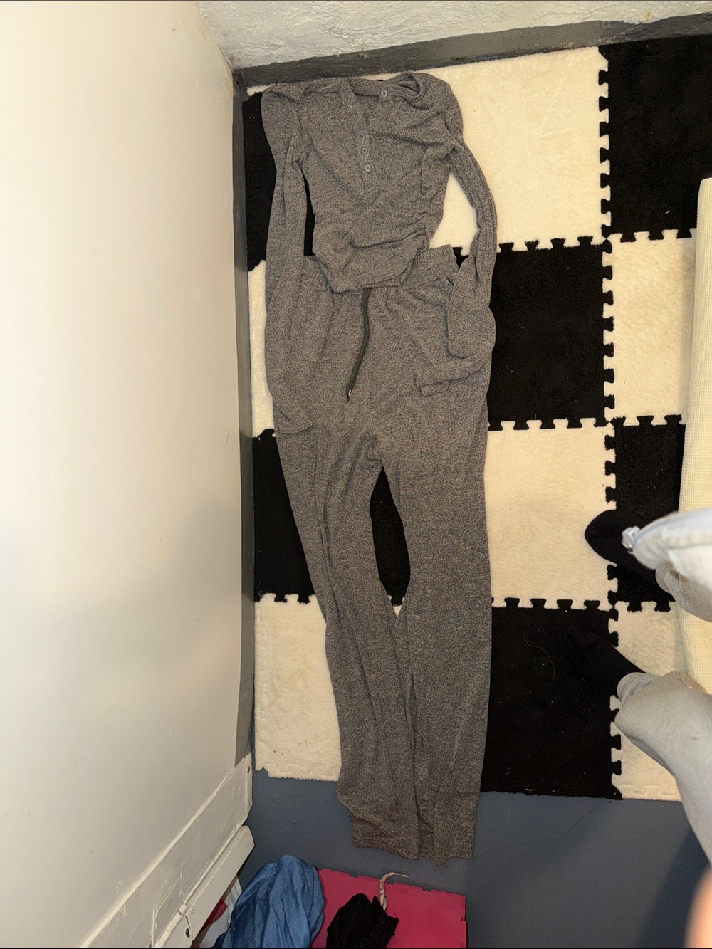 Women's Gray Long-Sleeve Knit Jumpsuit with Drawstring Waist
